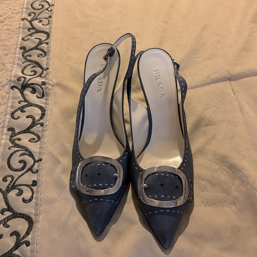 Prada Black Slingback Pointed Toe Heels with Silver Buckle - Picture 3 of 13